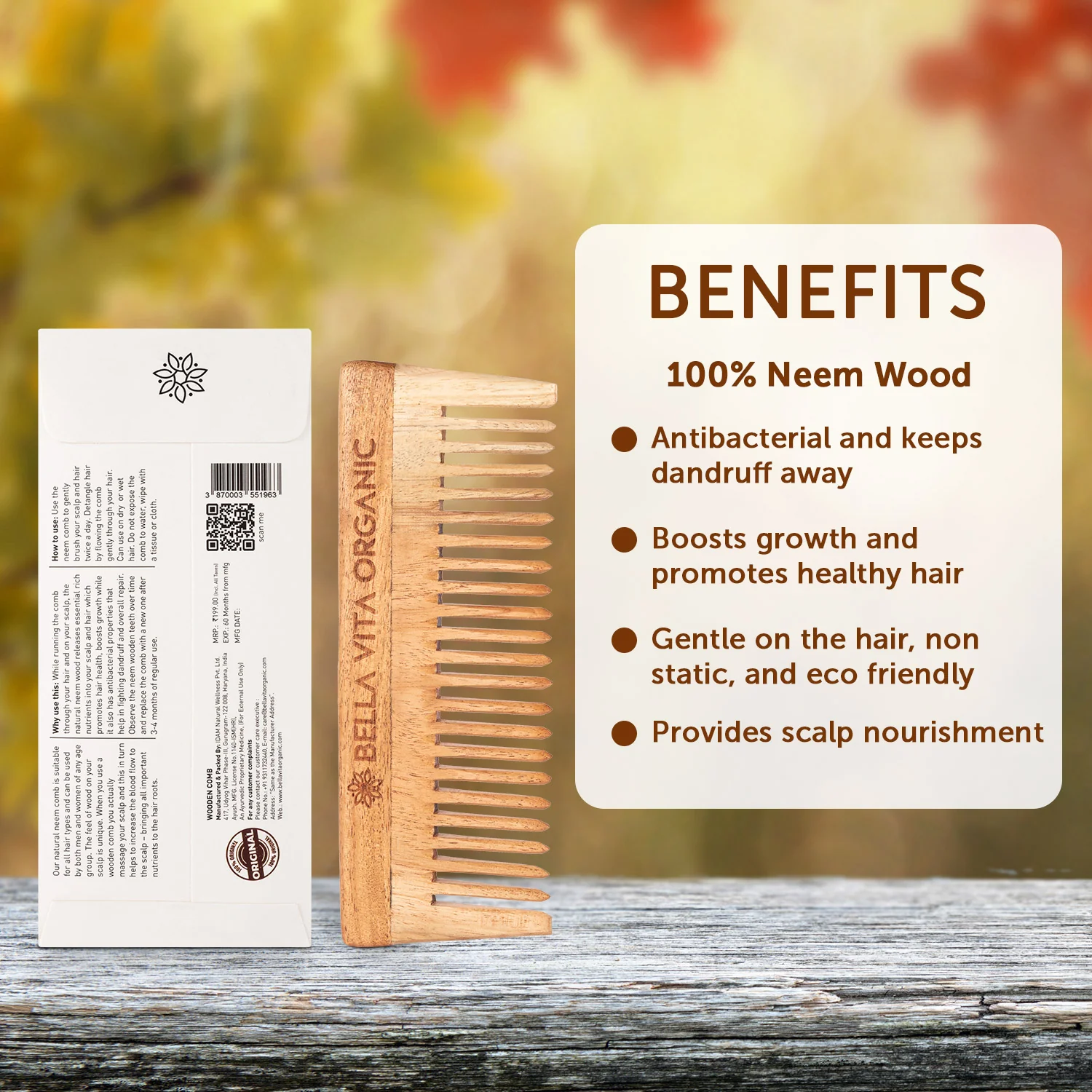 Neem Wooden Wide Tooth Comb - Image 3